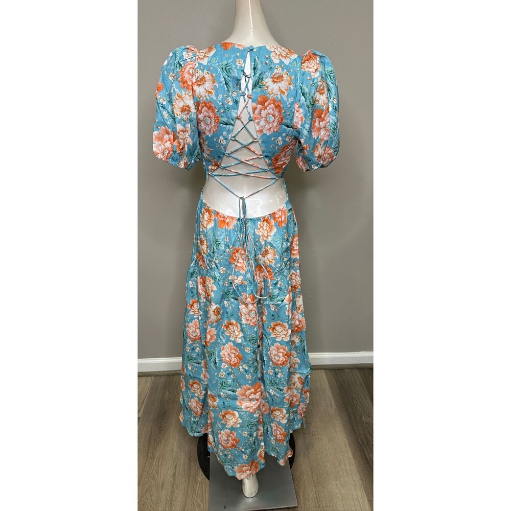 Kivari Josette Lace-Up Back Midi-Dress in Blue Floral Size US 4 $349 - Picture 13 of 14